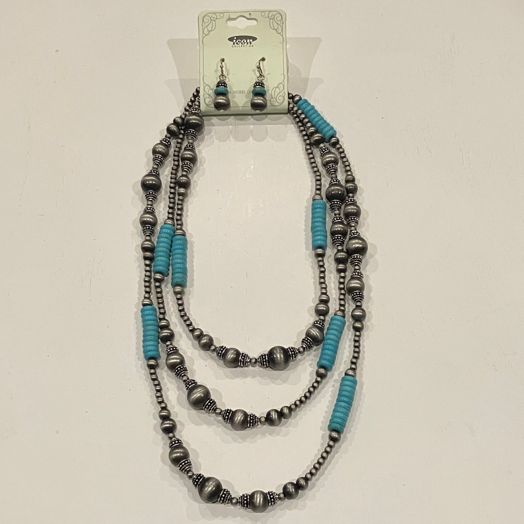 Elegant Silver And Blue Beaded Necklace Set